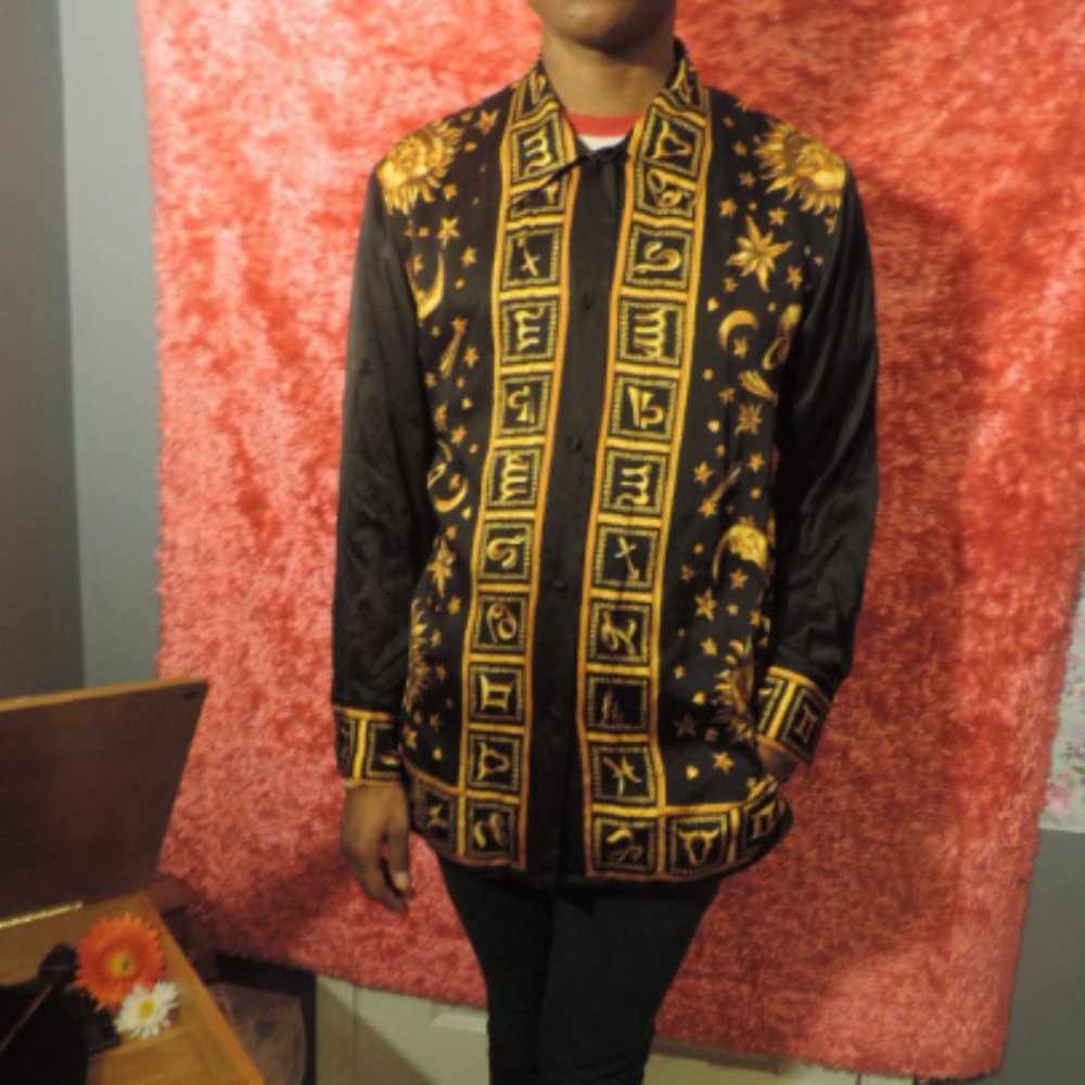 astrology black gold silk button up
